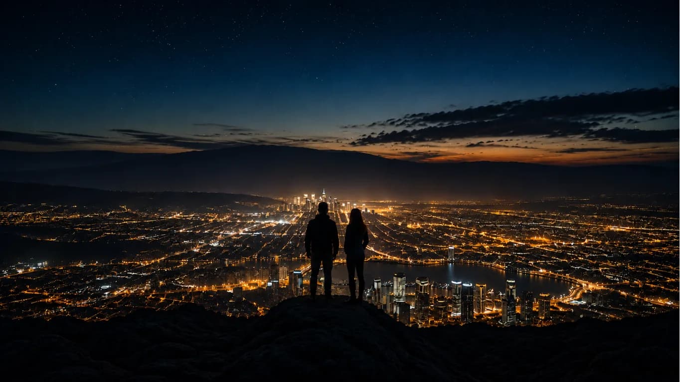 A person standing on a mountain ledge at night, looking out over a vast, glittering city